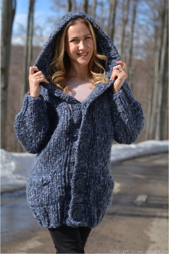 Knitted on request chunky wool cardigan in blue mix and with a